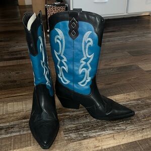 Pull And Bear Black and Blue Western Boots with White Accents